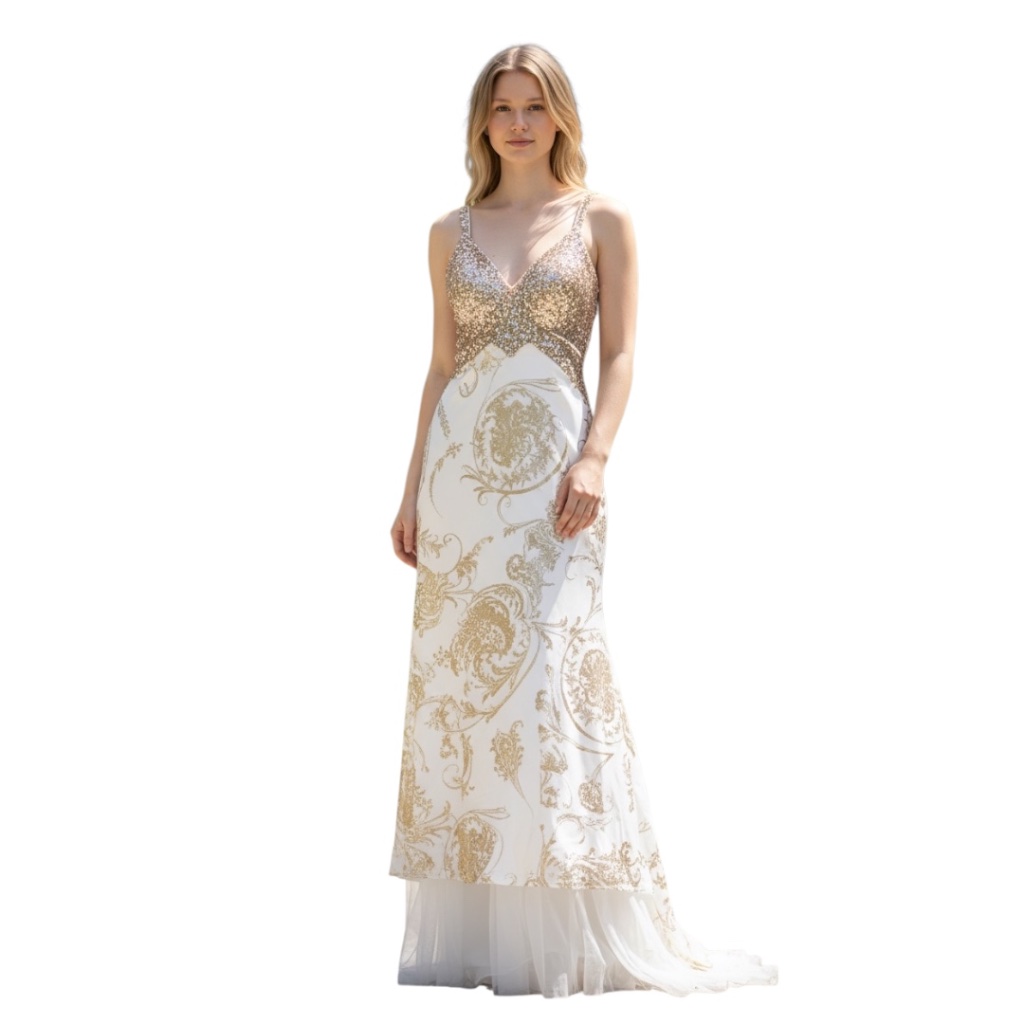 Mac Duggal Couture Prom/Pageant Gown W/A Gold Foil Floral Print & Beaded Bodice